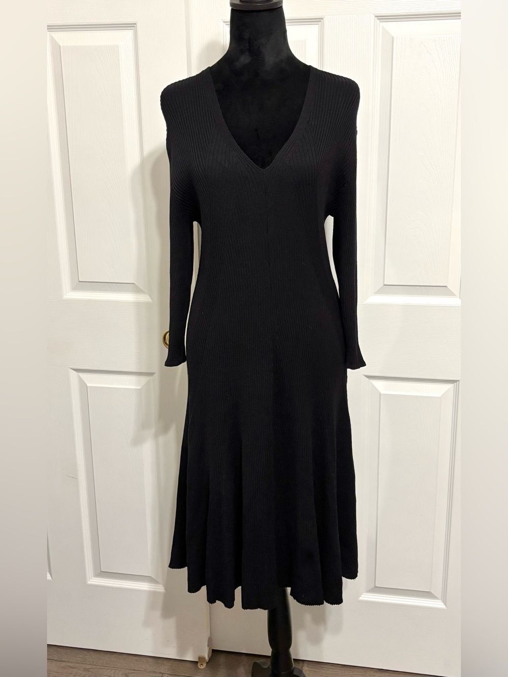 Worthington Black V-Neck 3/4 Sleeve Knit A-Line Maxi Dress Women’s Size XL